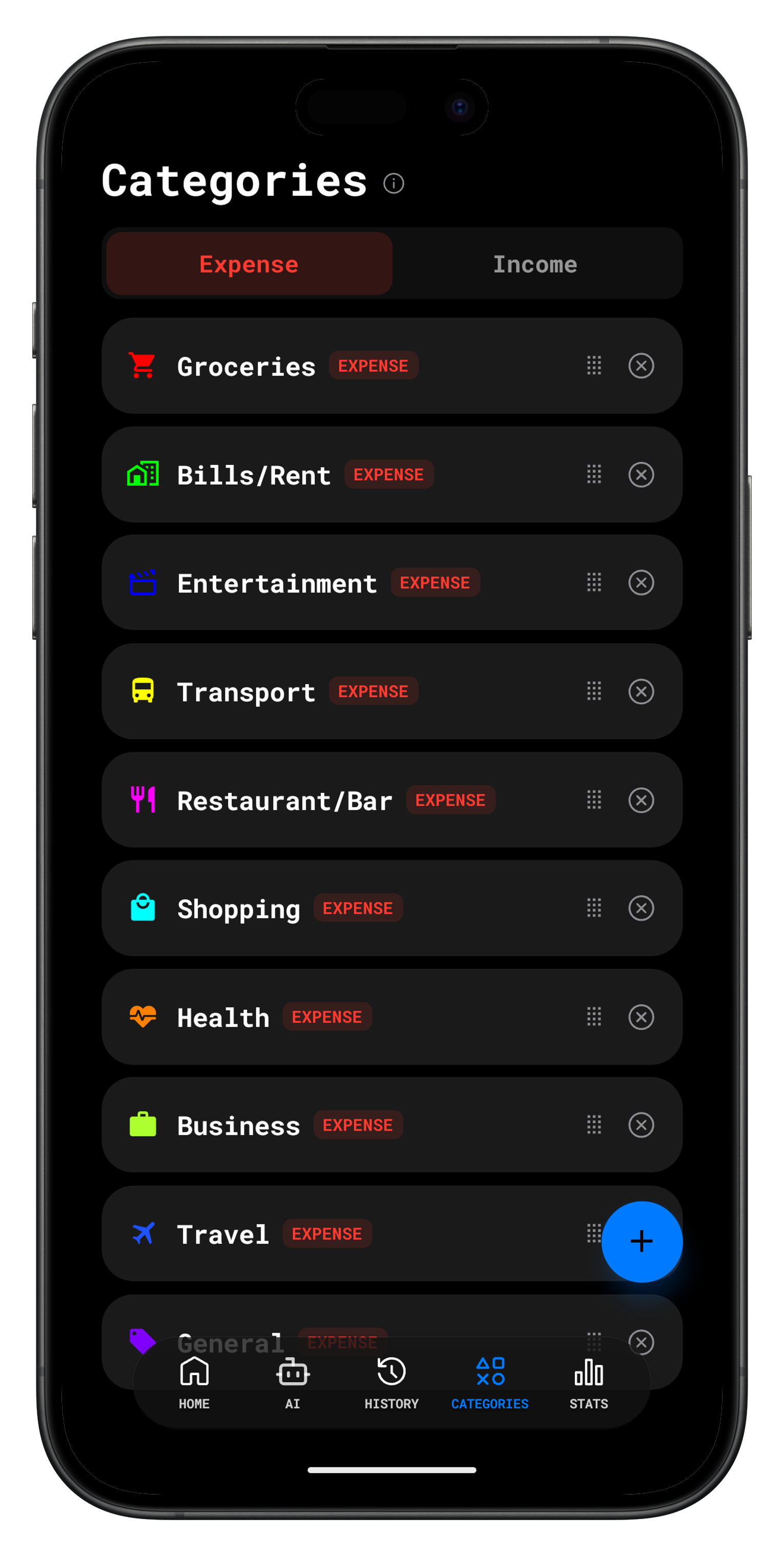 Custom expense categories with color coding