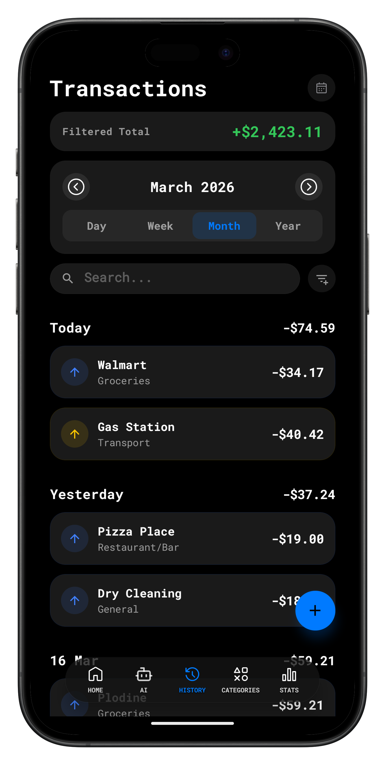 Transaction history with search and category filters