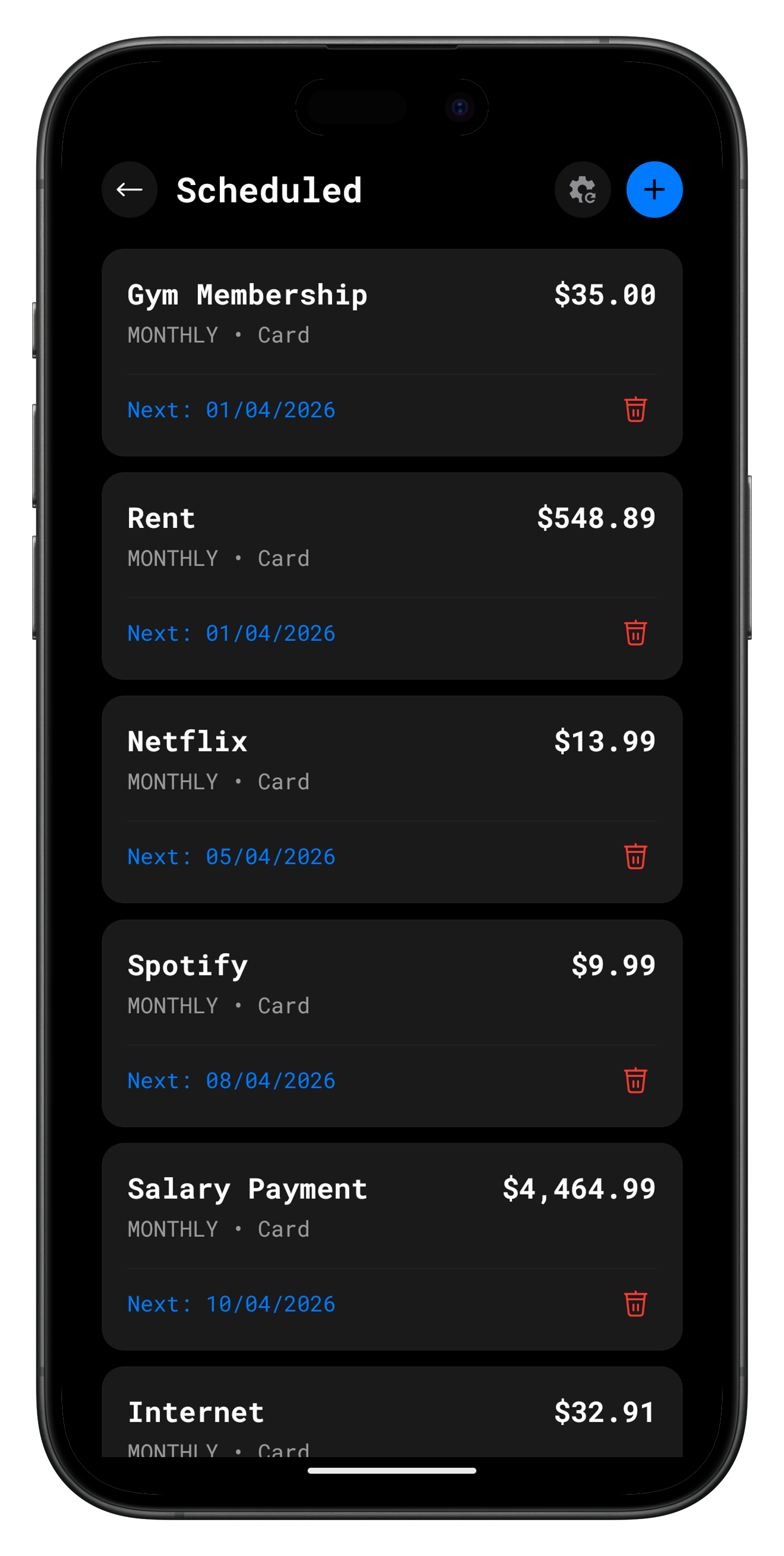 Scheduled payments and recurring bill reminders